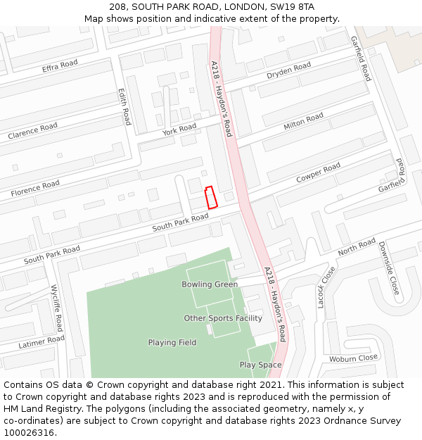 208, SOUTH PARK ROAD, LONDON, SW19 8TA: Location map and indicative extent of plot