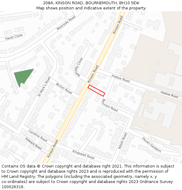 208A, KINSON ROAD, BOURNEMOUTH, BH10 5EW: Location map and indicative extent of plot