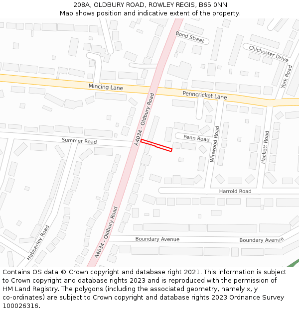 208A, OLDBURY ROAD, ROWLEY REGIS, B65 0NN: Location map and indicative extent of plot