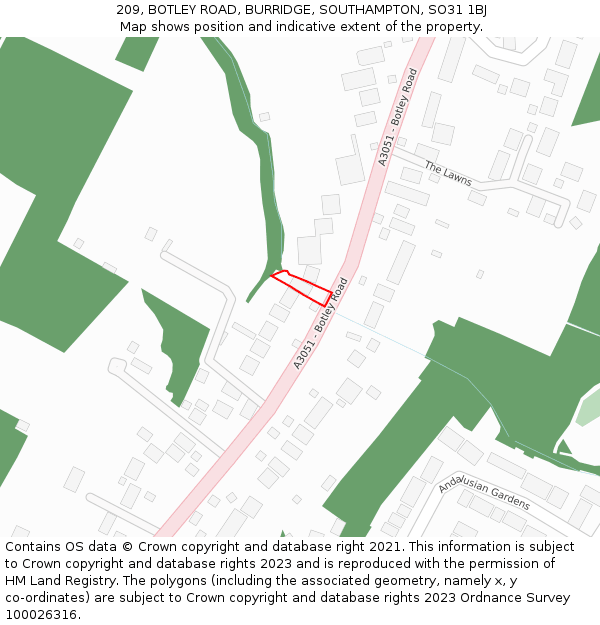 209, BOTLEY ROAD, BURRIDGE, SOUTHAMPTON, SO31 1BJ: Location map and indicative extent of plot