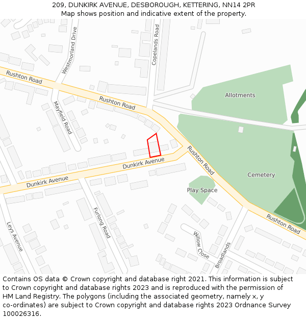 209, DUNKIRK AVENUE, DESBOROUGH, KETTERING, NN14 2PR: Location map and indicative extent of plot