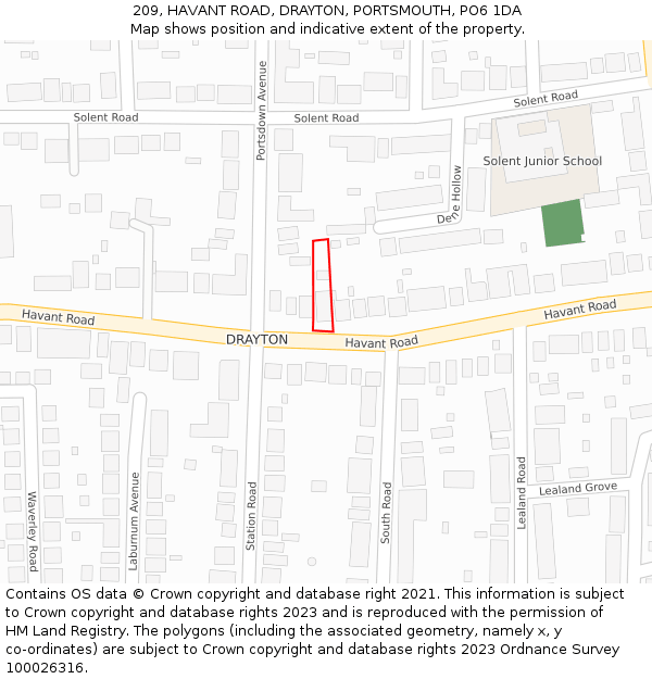 209, HAVANT ROAD, DRAYTON, PORTSMOUTH, PO6 1DA: Location map and indicative extent of plot