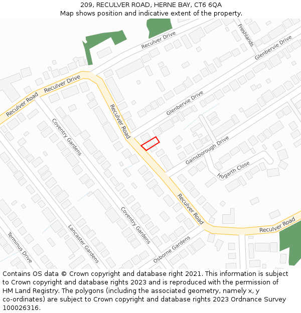 209, RECULVER ROAD, HERNE BAY, CT6 6QA: Location map and indicative extent of plot