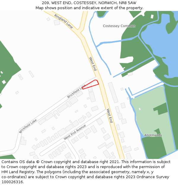 209, WEST END, COSTESSEY, NORWICH, NR8 5AW: Location map and indicative extent of plot