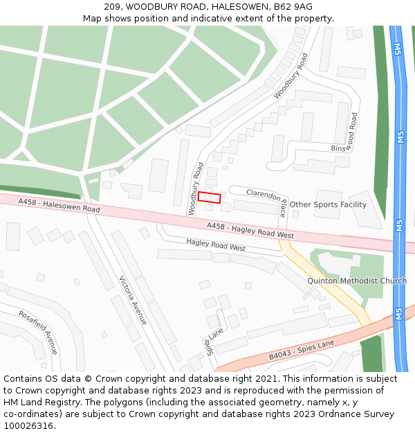 209, WOODBURY ROAD, HALESOWEN, B62 9AG: Location map and indicative extent of plot