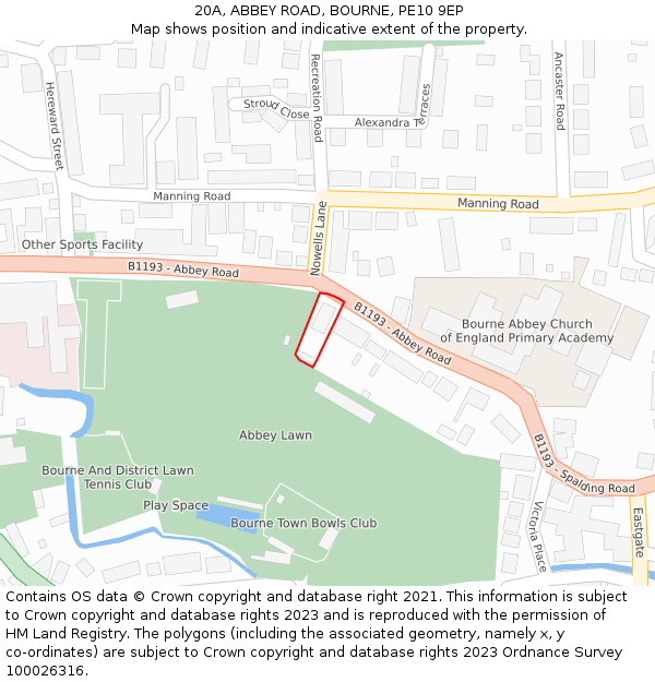 20A, ABBEY ROAD, BOURNE, PE10 9EP: Location map and indicative extent of plot