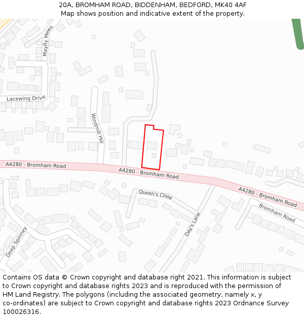 20A, BROMHAM ROAD, BIDDENHAM, BEDFORD, MK40 4AF: Location map and indicative extent of plot