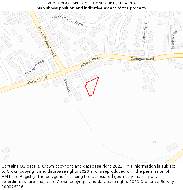 20A, CADOGAN ROAD, CAMBORNE, TR14 7RX: Location map and indicative extent of plot