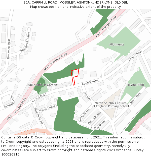 20A, CARRHILL ROAD, MOSSLEY, ASHTON-UNDER-LYNE, OL5 0BL: Location map and indicative extent of plot
