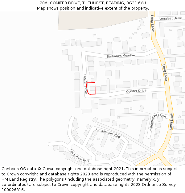 20A, CONIFER DRIVE, TILEHURST, READING, RG31 6YU: Location map and indicative extent of plot