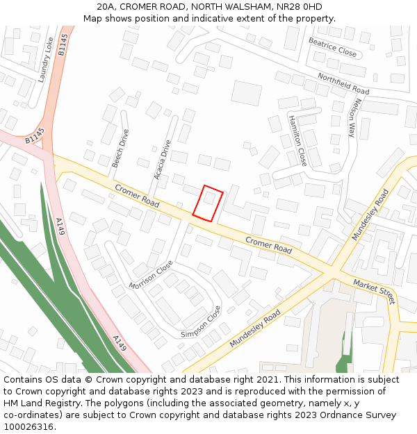 20A, CROMER ROAD, NORTH WALSHAM, NR28 0HD: Location map and indicative extent of plot