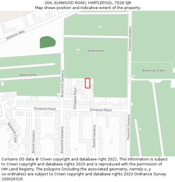 20A, ELMWOOD ROAD, HARTLEPOOL, TS26 0JR: Location map and indicative extent of plot