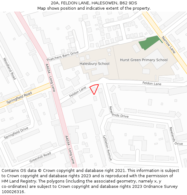 20A, FELDON LANE, HALESOWEN, B62 9DS: Location map and indicative extent of plot