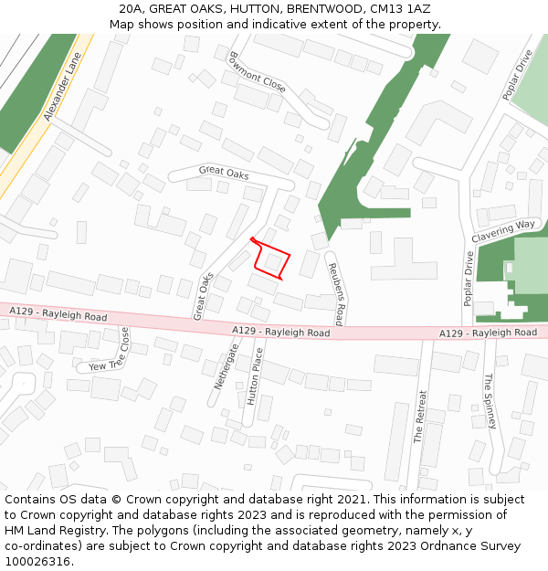 20A, GREAT OAKS, HUTTON, BRENTWOOD, CM13 1AZ: Location map and indicative extent of plot