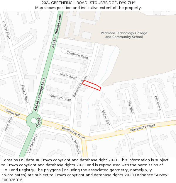 20A, GREENFINCH ROAD, STOURBRIDGE, DY9 7HY: Location map and indicative extent of plot