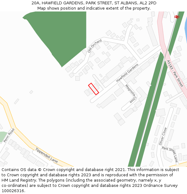 20A, HAWFIELD GARDENS, PARK STREET, ST ALBANS, AL2 2PD: Location map and indicative extent of plot