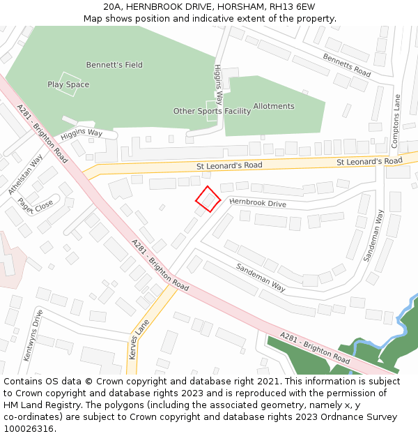 20A, HERNBROOK DRIVE, HORSHAM, RH13 6EW: Location map and indicative extent of plot