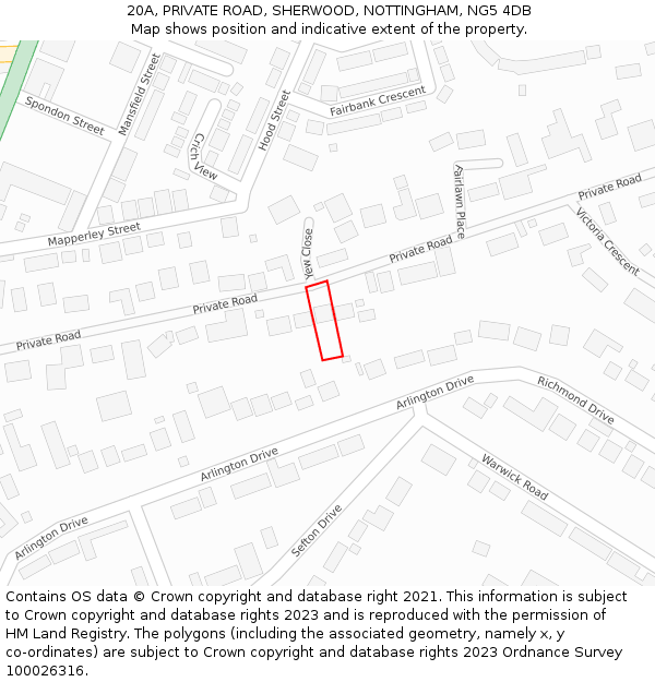 20A, PRIVATE ROAD, SHERWOOD, NOTTINGHAM, NG5 4DB: Location map and indicative extent of plot