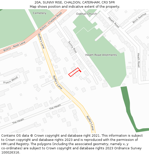 20A, SUNNY RISE, CHALDON, CATERHAM, CR3 5PR: Location map and indicative extent of plot