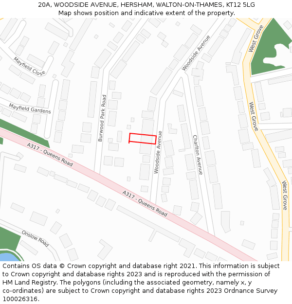 20A, WOODSIDE AVENUE, HERSHAM, WALTON-ON-THAMES, KT12 5LG: Location map and indicative extent of plot