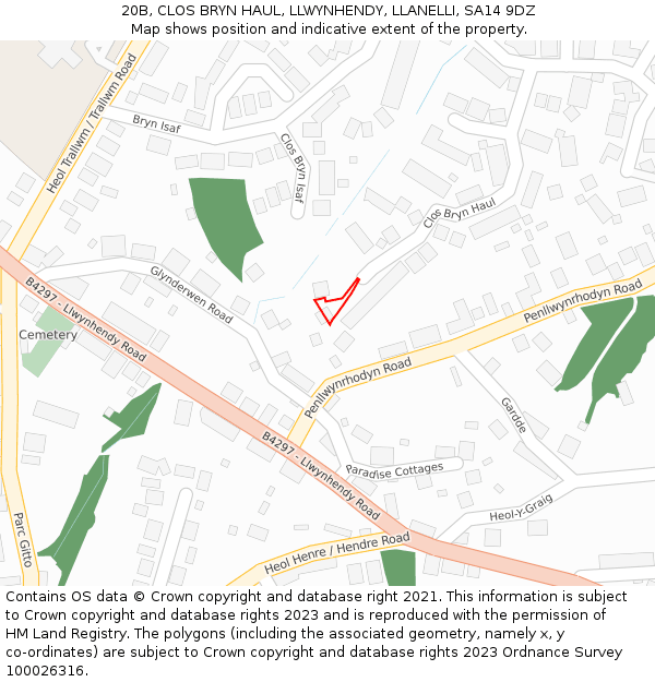 20B, CLOS BRYN HAUL, LLWYNHENDY, LLANELLI, SA14 9DZ: Location map and indicative extent of plot