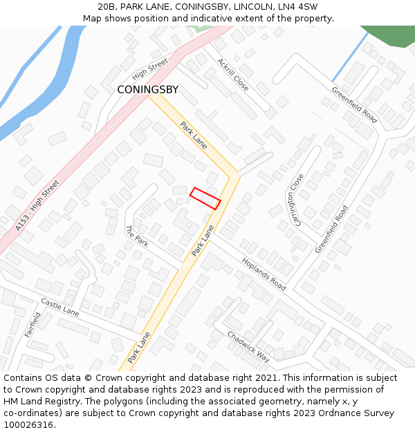 20B, PARK LANE, CONINGSBY, LINCOLN, LN4 4SW: Location map and indicative extent of plot