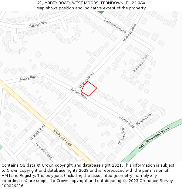21, ABBEY ROAD, WEST MOORS, FERNDOWN, BH22 0AX: Location map and indicative extent of plot