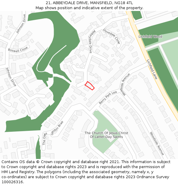 21, ABBEYDALE DRIVE, MANSFIELD, NG18 4TL: Location map and indicative extent of plot