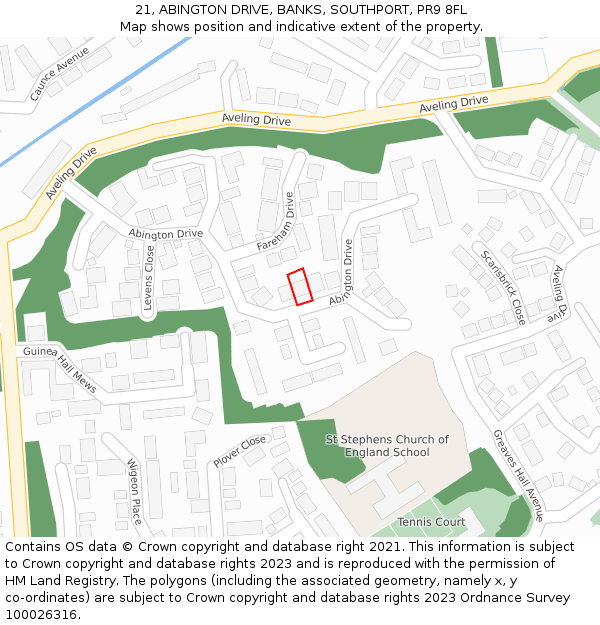 21, ABINGTON DRIVE, BANKS, SOUTHPORT, PR9 8FL: Location map and indicative extent of plot