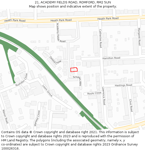 21, ACADEMY FIELDS ROAD, ROMFORD, RM2 5UN: Location map and indicative extent of plot