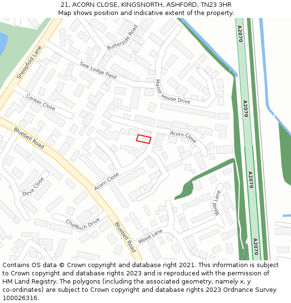21, ACORN CLOSE, KINGSNORTH, ASHFORD, TN23 3HR: Location map and indicative extent of plot