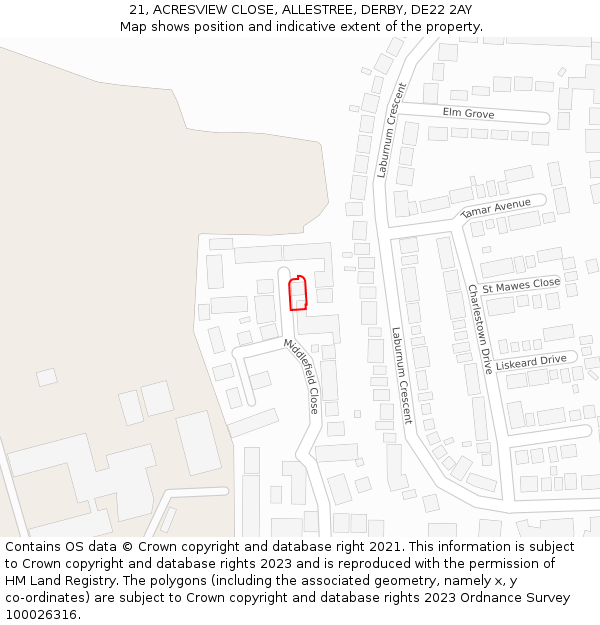21, ACRESVIEW CLOSE, ALLESTREE, DERBY, DE22 2AY: Location map and indicative extent of plot