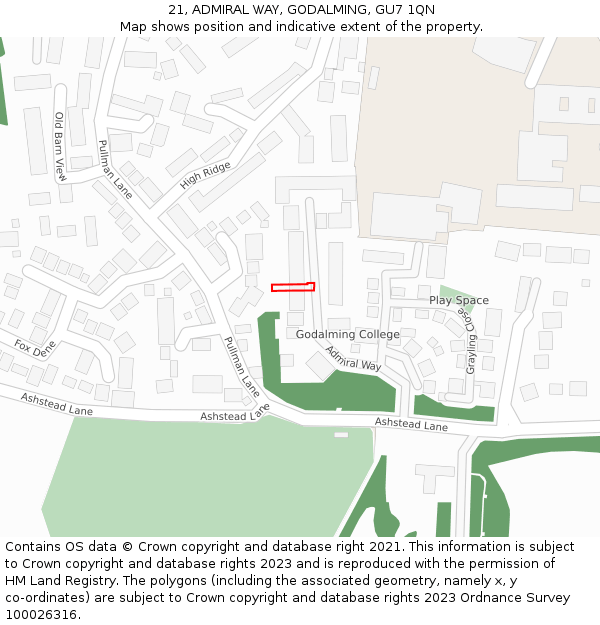 21, ADMIRAL WAY, GODALMING, GU7 1QN: Location map and indicative extent of plot