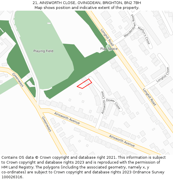 21, AINSWORTH CLOSE, OVINGDEAN, BRIGHTON, BN2 7BH: Location map and indicative extent of plot