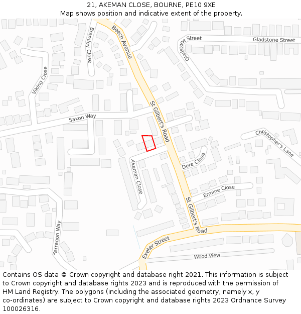 21, AKEMAN CLOSE, BOURNE, PE10 9XE: Location map and indicative extent of plot