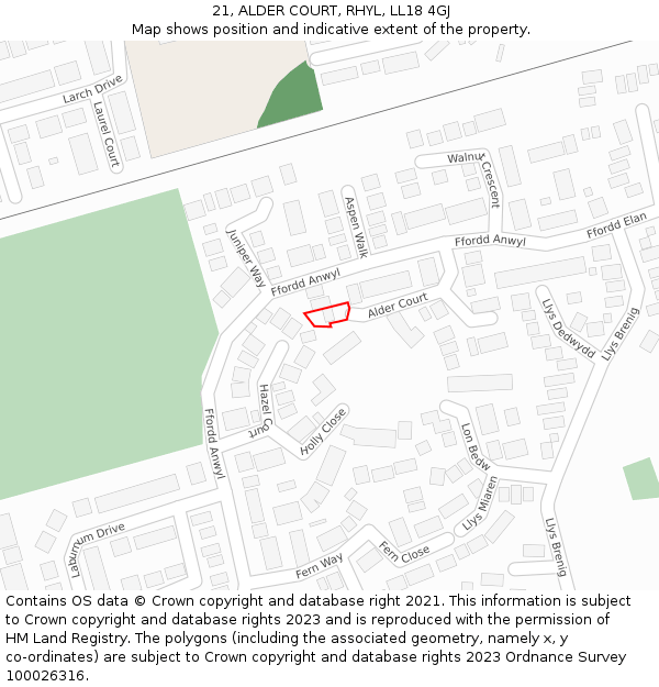 21, ALDER COURT, RHYL, LL18 4GJ: Location map and indicative extent of plot