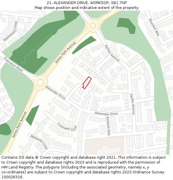 21, ALEXANDER DRIVE, WORKSOP, S81 7NP: Location map and indicative extent of plot