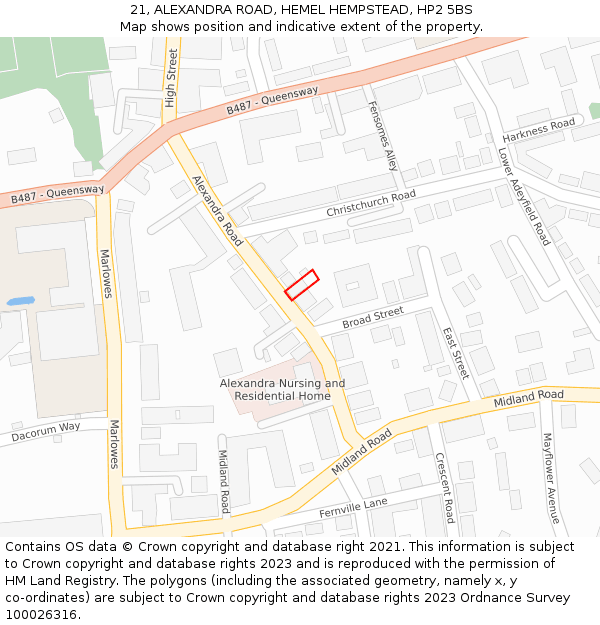 21, ALEXANDRA ROAD, HEMEL HEMPSTEAD, HP2 5BS: Location map and indicative extent of plot