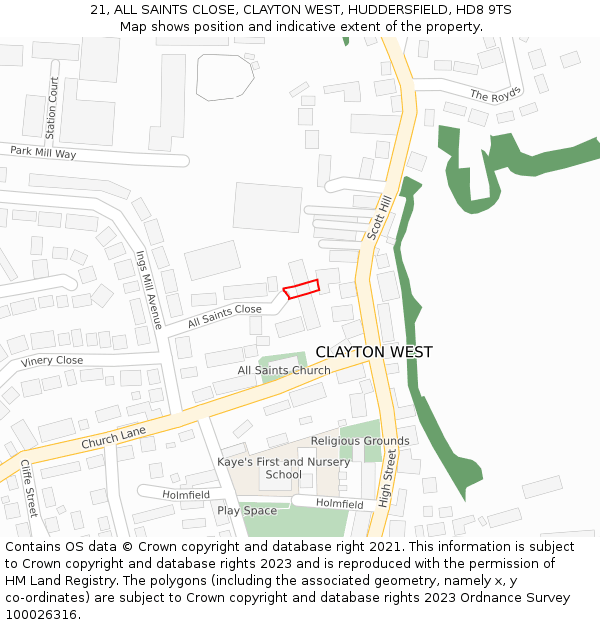 21, ALL SAINTS CLOSE, CLAYTON WEST, HUDDERSFIELD, HD8 9TS: Location map and indicative extent of plot