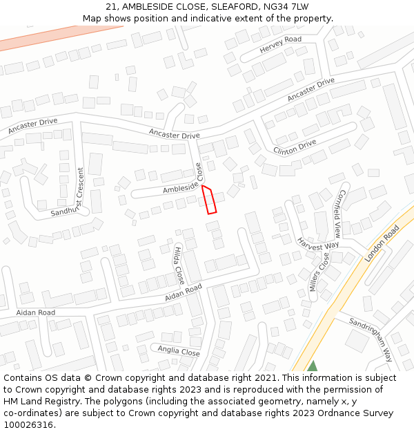 21, AMBLESIDE CLOSE, SLEAFORD, NG34 7LW: Location map and indicative extent of plot