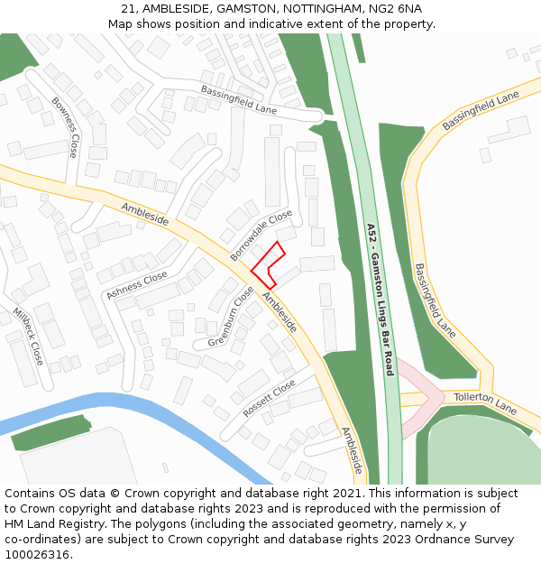 21, AMBLESIDE, GAMSTON, NOTTINGHAM, NG2 6NA: Location map and indicative extent of plot