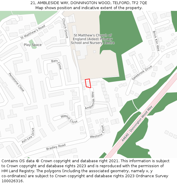 21, AMBLESIDE WAY, DONNINGTON WOOD, TELFORD, TF2 7QE: Location map and indicative extent of plot