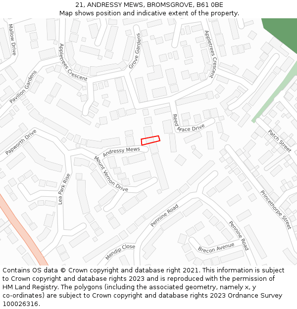 21, ANDRESSY MEWS, BROMSGROVE, B61 0BE: Location map and indicative extent of plot