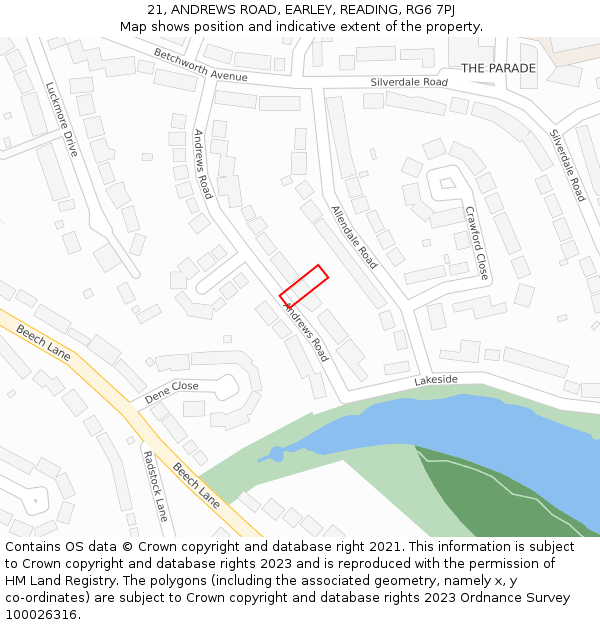 21, ANDREWS ROAD, EARLEY, READING, RG6 7PJ: Location map and indicative extent of plot
