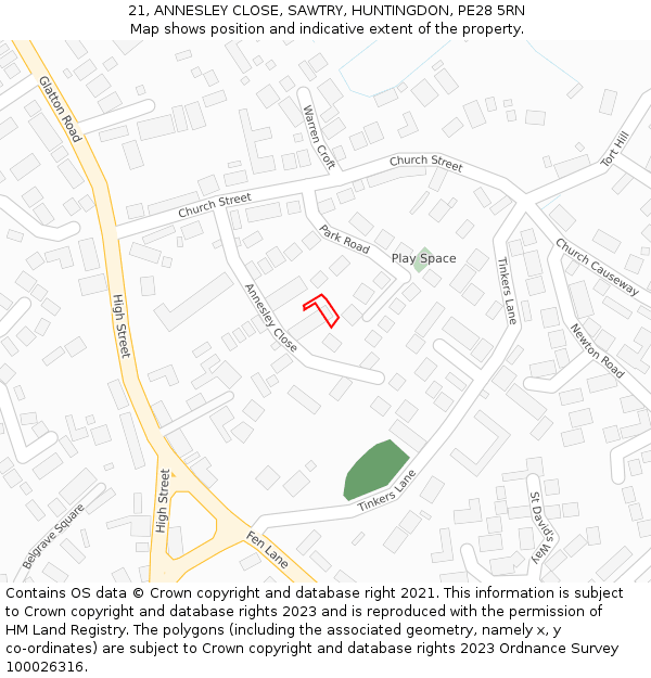 21, ANNESLEY CLOSE, SAWTRY, HUNTINGDON, PE28 5RN: Location map and indicative extent of plot