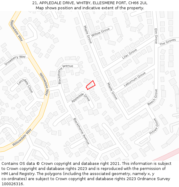 21, APPLEDALE DRIVE, WHITBY, ELLESMERE PORT, CH66 2UL: Location map and indicative extent of plot