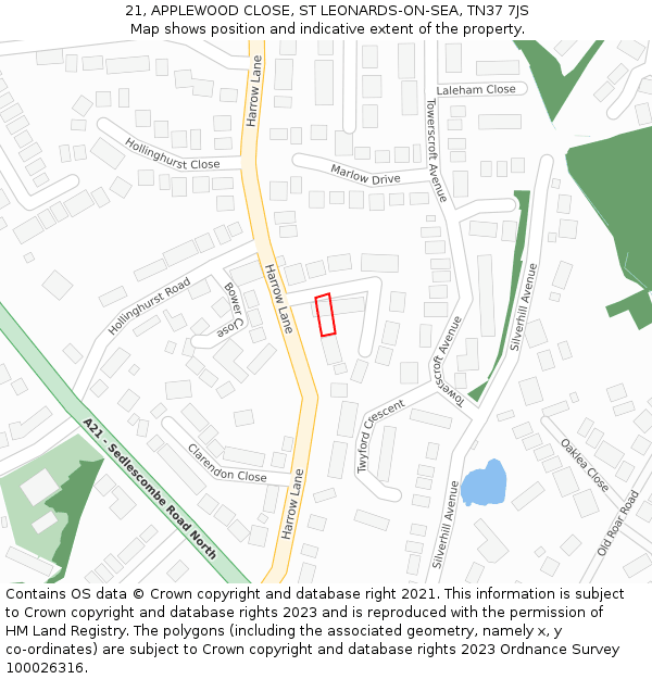 21, APPLEWOOD CLOSE, ST LEONARDS-ON-SEA, TN37 7JS: Location map and indicative extent of plot