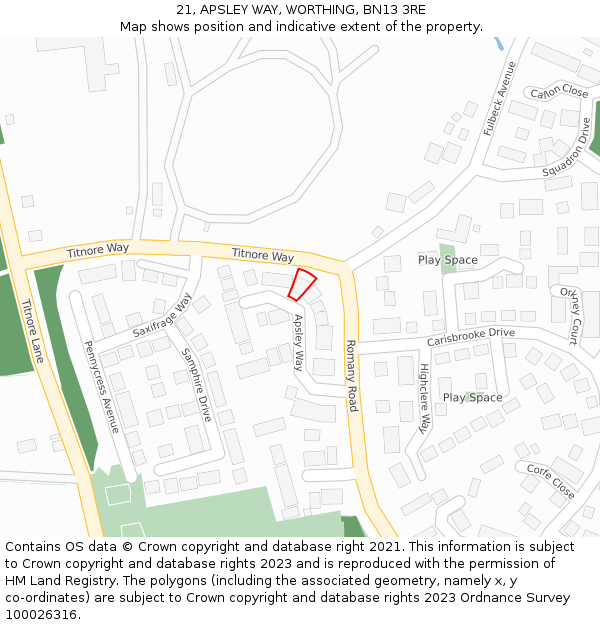 21, APSLEY WAY, WORTHING, BN13 3RE: Location map and indicative extent of plot
