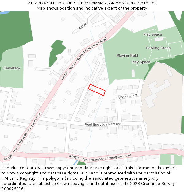 21, ARDWYN ROAD, UPPER BRYNAMMAN, AMMANFORD, SA18 1AL: Location map and indicative extent of plot