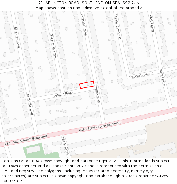 21, ARLINGTON ROAD, SOUTHEND-ON-SEA, SS2 4UN: Location map and indicative extent of plot